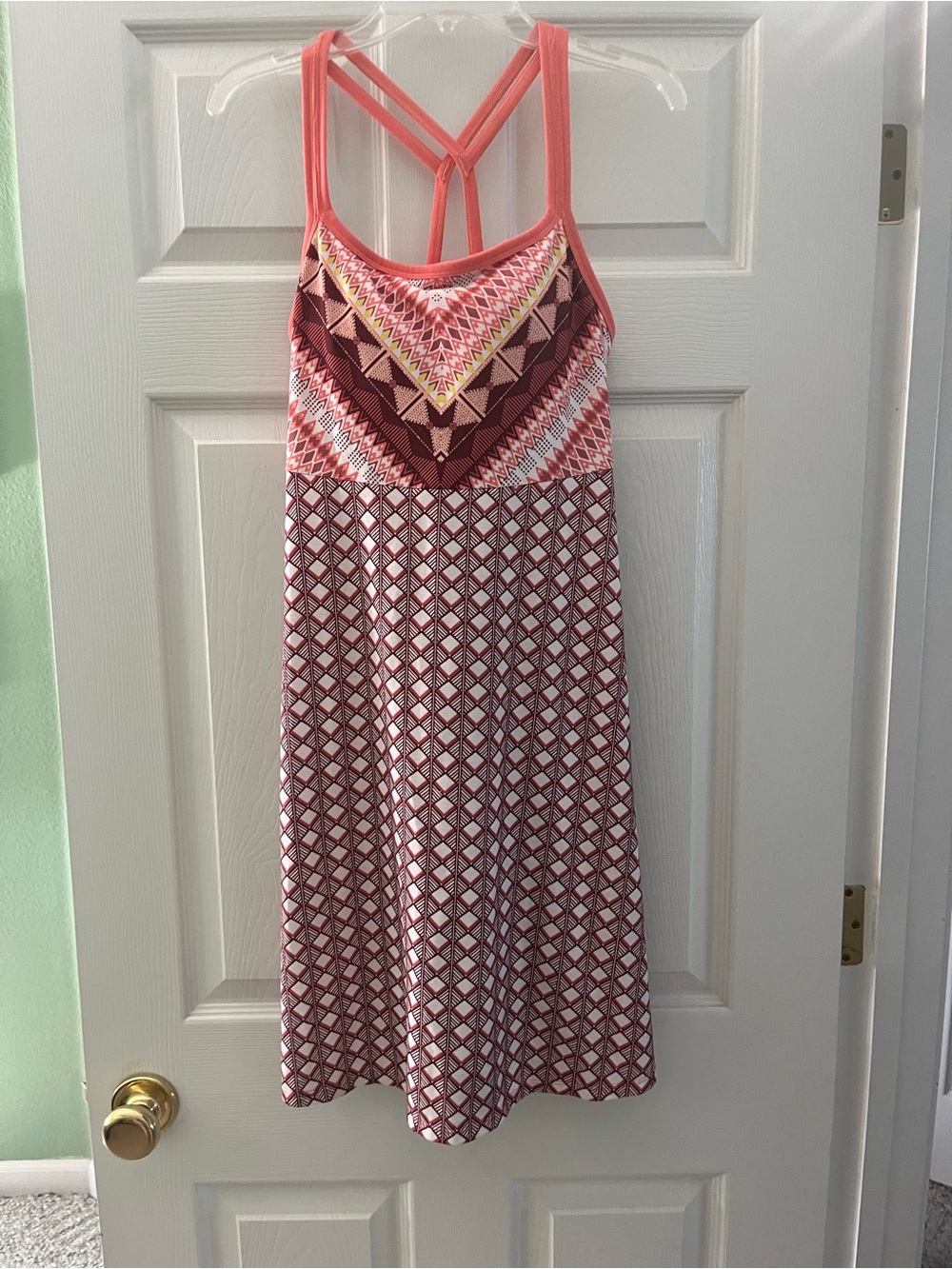 Prana Coral and Burgundy Geometric Midi Dress